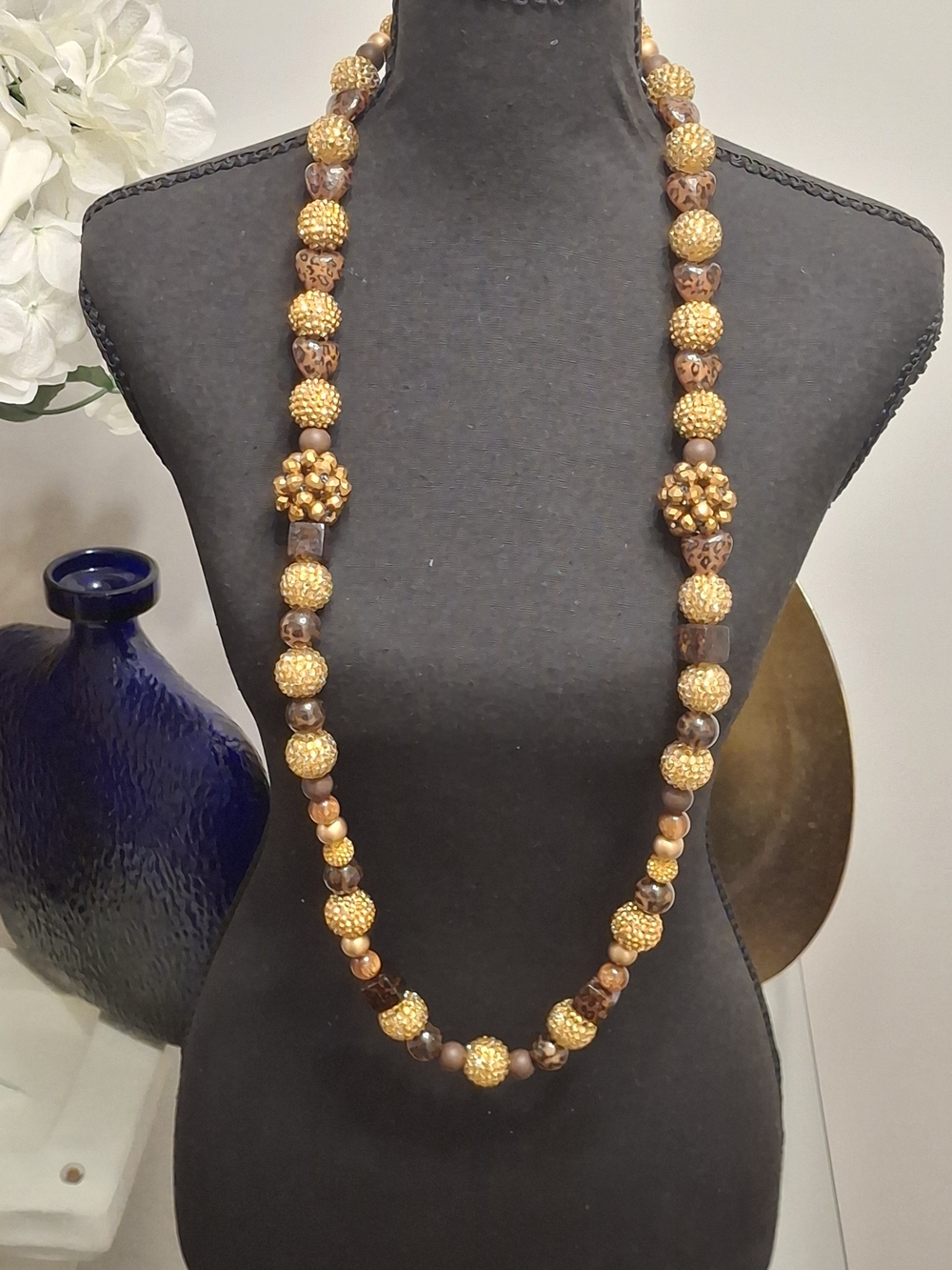 Handmade Elegant Gold and Brown animal print Beaded Statement Necklace